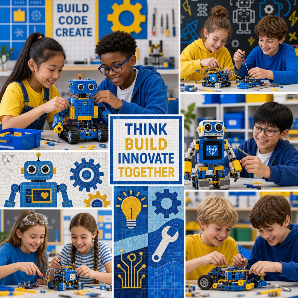Kids building robots in STEM workshop