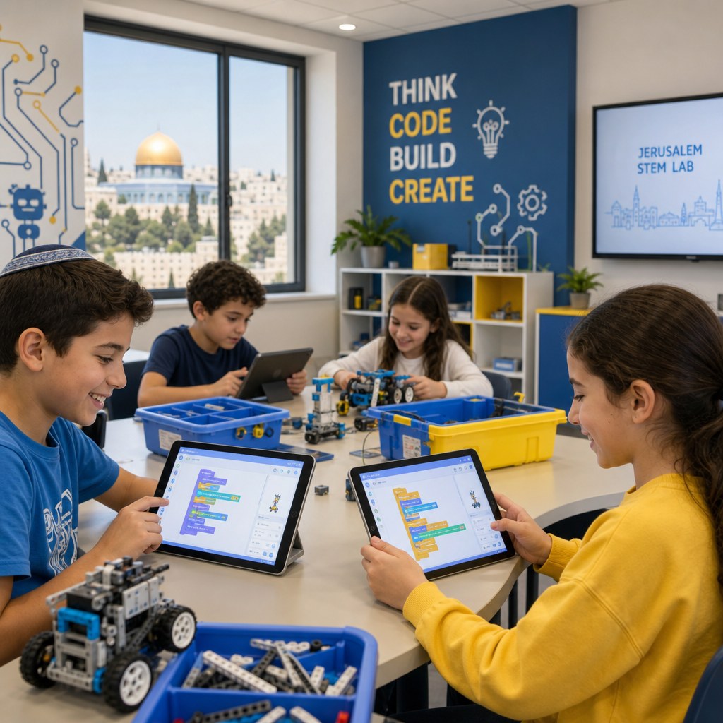 Children coding on tablets